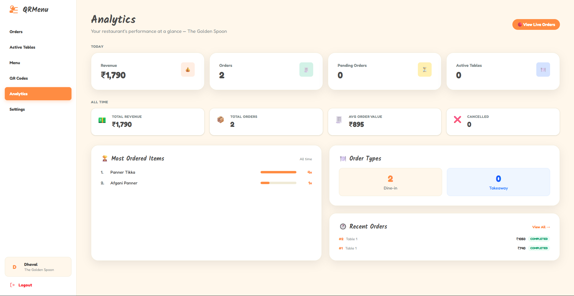 Screenshot of QR Menu — Real-Time Ordering — built with JAVA, SPRING BOOT, REACT. Project by Dhaval Maurya.