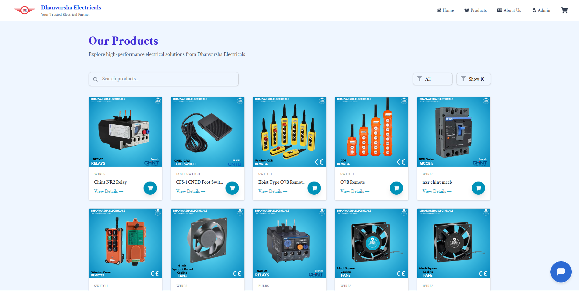 Screenshot of Dhanvarsha Electricals — Enquiry System — built with REACT, NODE.JS, EXPRESS. Project by Dhaval Maurya.